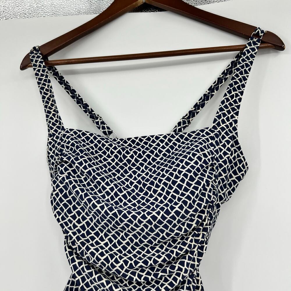 LL Bean Navy Blue & White geometric print square neck swimsuit SPF 50 size 12 - Picture 6 of 8